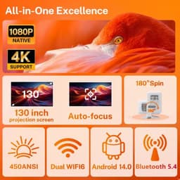 Beamer 450 ANSI Lumen - Native 1080P Resolutie - 48W LED - Android 14 Systeem - Draagbare Projector - Entertainment - LCD Scherm — thumbnail 1