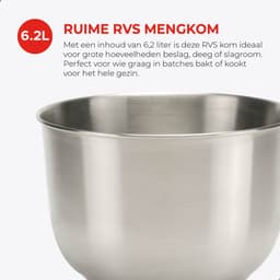 Bourgini Kitchen Chef Plus - XL Keukenmachine - 6.2L mengkom - Keukenrobot - 3 Accessoires - Keukenmixer - 1.2kg pizza/brooddeeg kneden — thumbnail 5