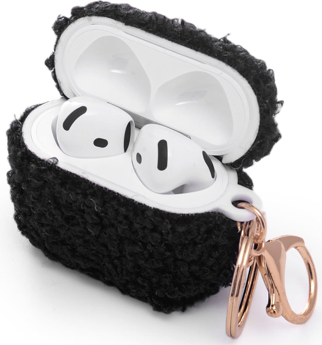 Casemania Hoesje Geschikt voor Apple AirPods 4 - Zwart - Schokbestendig Teddy Furr Cover met Ring & Sleutelhanger — afbeelding 1
