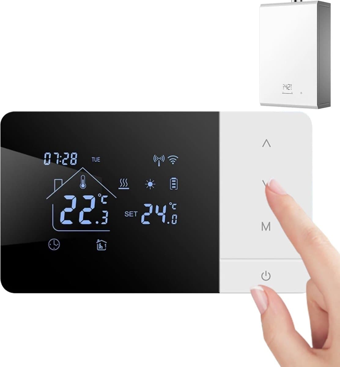 Slimme Thermostaat - Temperatuurregelaar Huis - Comfort Verhogend - App en Stem Bediening - 14x81x2cm - Zwart Wit — afbeelding 1