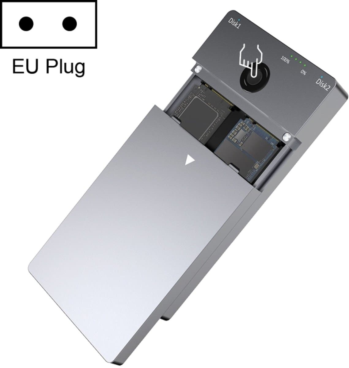 Rocketek ME921 USB3.1 Gen2 Dual M.2 Solid State Drive Box NVMe Docking Station, EU-stekker — afbeelding 1