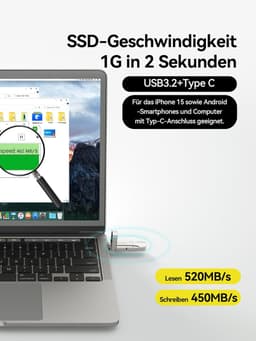 USB Stick 512GB - Flash Drive Externe SSD - Bestanden Overzetten - Dual USB C & A - 520MB/s - Zilver — thumbnail 5