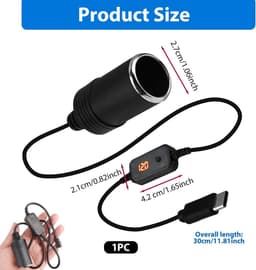 SnelShoppen - USB C naar 12V Sigarettenaansteker Adapter met LED Scherm en Schakelaar, Verstelbare Voltage 5V 9V 12V 15V 20V, 30cm voor GPS, Dashcam, — thumbnail 2