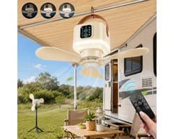 Lapamax Oplaadbare Ventilatorlamp - 7.200 mAh - 4 Snelheden en 3 Lichtstanden - Afstandsbediening en Timer - Voor Tent, Terras en Camper - Geel - Ø 24 cm