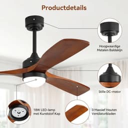 Plafondventilator Met Lamp - 3 Hout Bladen - Ø 52 inch - Dimbare lamp - Met Afstandsbediening - 6 ventilatorstanden - Met geheugenfunctie - LED's Light - Zwart, walnootkleurig — thumbnail 2