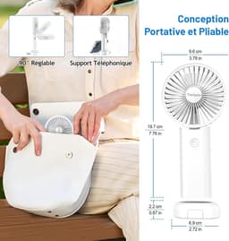 Mini draagbare ventilator, handventilator, kleine reisventilator, oplaadbare handventilator met 3 snelheden, persoonlijke ventilator voor buitengebruik, reizen, kantoor, kamperen (wit) — thumbnail 3