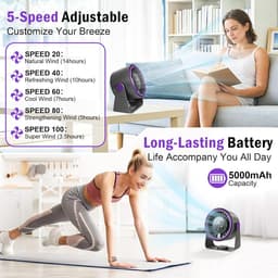 Stille tafelventilator, USB-miniventilator, 3-in-1 draagbare ventilator, 5000mAh-batterij, 5 instelbare windsnelheden, 360° draaibaar, geschikt voor thuis, kantoor, kamperen en buitenactiviteiten. — thumbnail 3