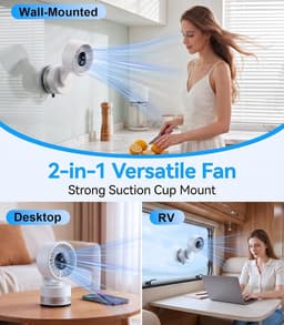 Ventilator met zuignap - Wandmontage - 4000mAh batterij - 6 windsnelheden - 180° kantelbaar - 340° draaibaar-Oplaadbare draagbare ventilator - Krachtige zuignap - Geschikt voor thuis - Keuken - Badkamer - Camper - Kantoor - Sportschool - Cruiseschip — thumbnail 2
