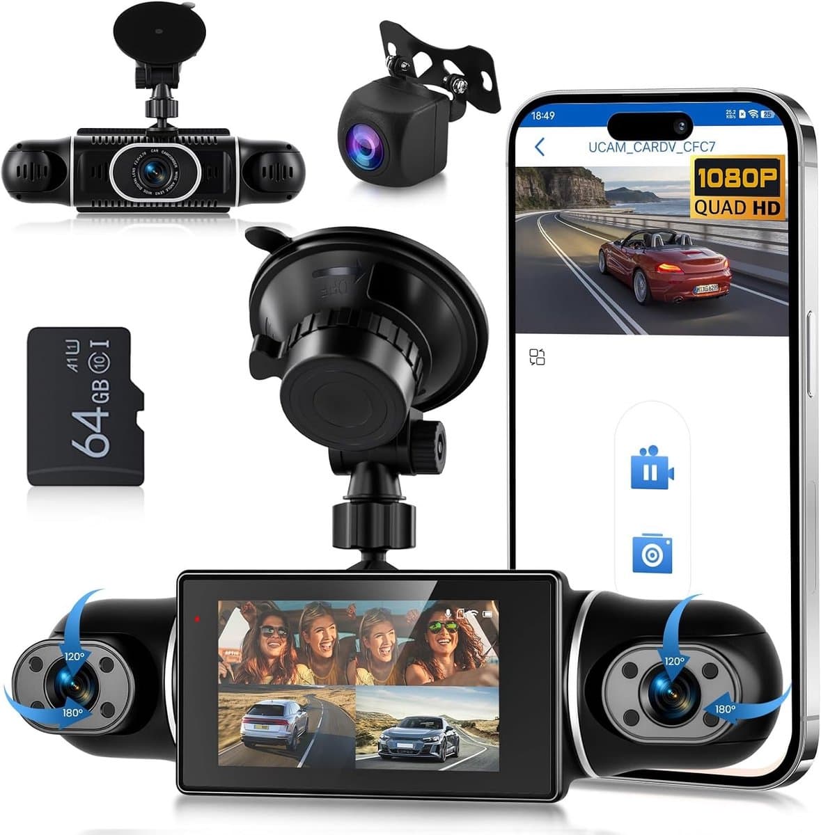 Dashcam voor auto - Zwart - 5 x 5 x 5 cm - 4-camera 360° met Nachtzicht en WiFi - Voor Veilig Rijden — afbeelding 1