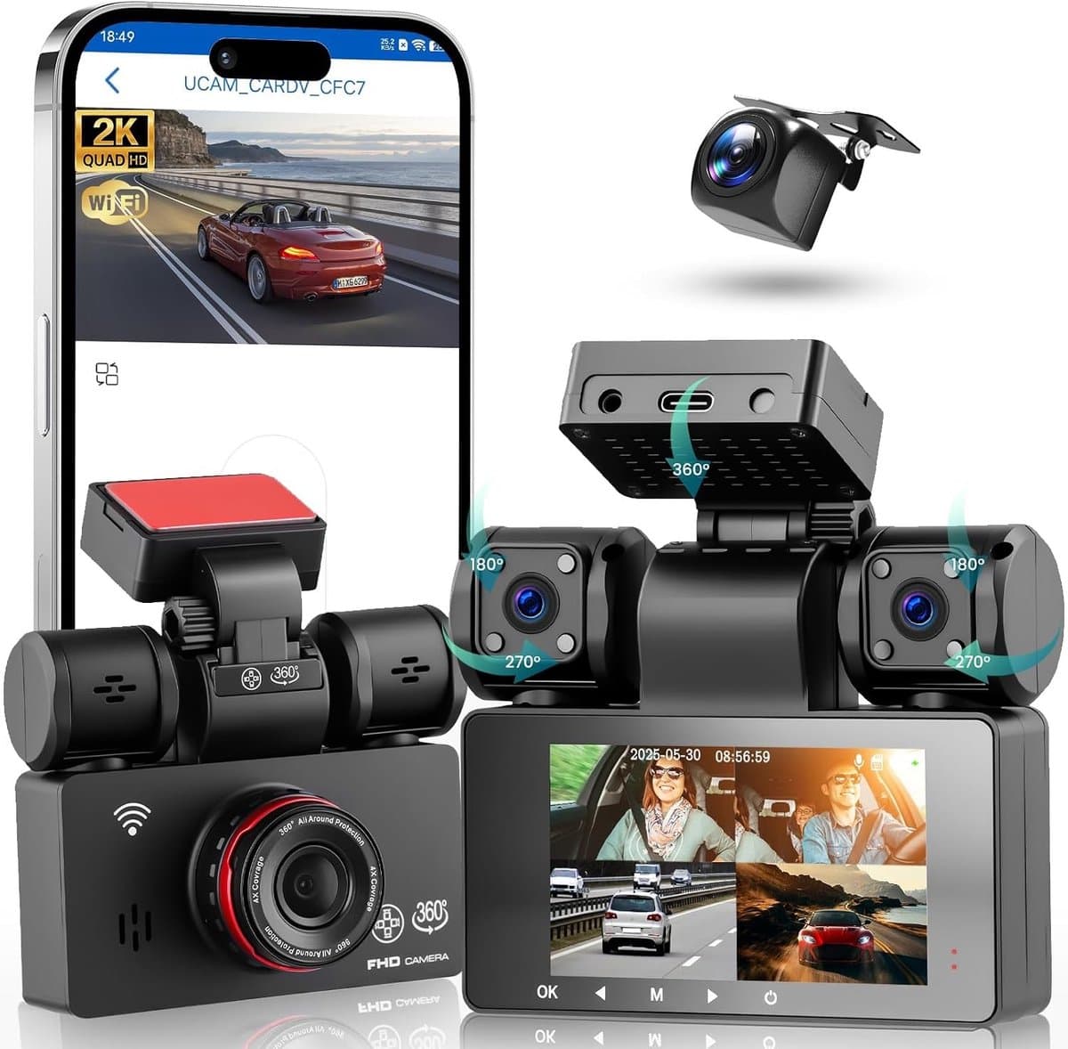 Dashcam voor auto - Zwart - 10 x 5 x 5 cm - 360° 4 Camera's met 2K Nachtzicht en Wifi - Voor Veilig Rijden — afbeelding 1