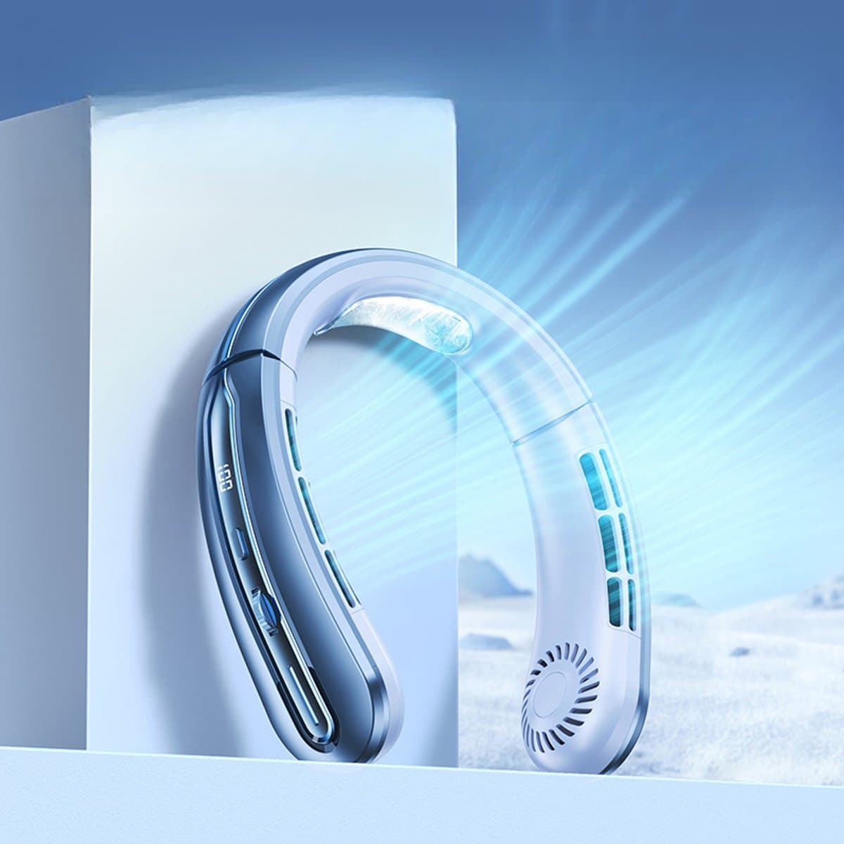 Koelventilator met 100 instelbare ventilatorsnelheden, stil ontwerp, geschikt voor reizen, sporten en andere gelegenheden. Verstelbare ventilatorsnelheid, draagbaar ontwerp. (Lichtblauw) — afbeelding 1