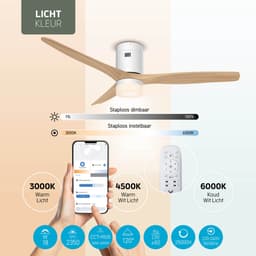 Varin® Smart Plafondventilator met verlichting - Ø 132cm - Wit/Lichthout - LED CCT 18W - Super stil 20dB - 6 snelheden - Woonkamer - Slaapkamer - Tuya WiFi - App & Afstandsbediening — thumbnail 4