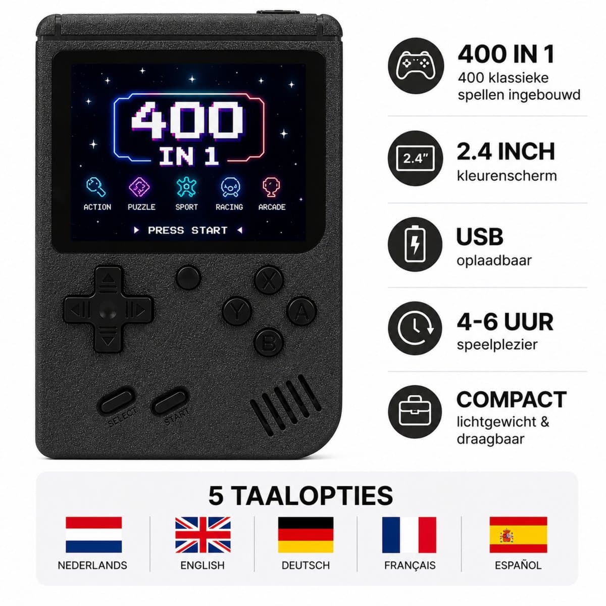 FivesquareNL Retro Handheld Game Console – 400 Spellen – USB Oplaadbaar – 2.4 Inch Kleurenscherm – Draagbare Spelcomputer voor Kinderen & Volwassenen – Zwart — afbeelding 1