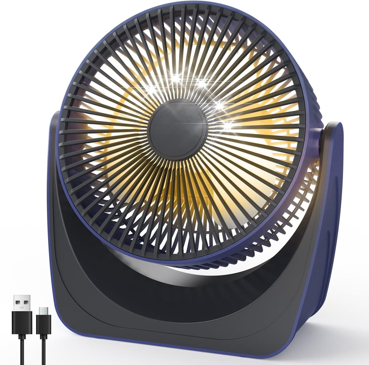 longziming -Draadloze USB Tafelventilator – 4000mAh Oplaadbare Mini Ventilator – 5 Snelheden – 360° Verstelbaar – Met Warm Nachtlampje voor Thuis, Kantoor en Camping — afbeelding 1