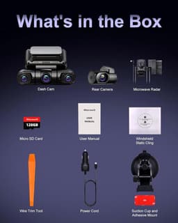 4-Kanaals Dashcam Auto 5G WiFi,360°Draaibare Voorkant Achterkant Binnenkant Links Rechts Dashcam,Radar Bewegingsdetectie,GPS,Nachtzicht,Parkeercontrole,1080P 3“ met 128GB kaart,Hardwire Kit — thumbnail 5