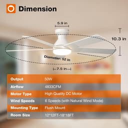 Plafondventilator 5 blad Ø132cm wit - stille ventilator – top kwaliteit - energie zuinig -met remote - ventilator voor laag plafond - 6 snelheden – beste alternatief voor airco - zomer en winter stand – witte ventilator — thumbnail 5