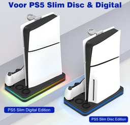 PS5 Slim Oplaadstation met Dual Koeling - Koeling Station Geschikt voor PlayStation 5 Slim Digital + Disc Edition - RGB Verlichting - PS5 DualSense oplaadstation - 3 USB -Headset Houder - Playstation 5 Slim Accessoires — thumbnail 3