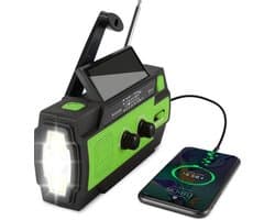 Dutchers® Noodradio - Opwindbare Survival Radio - Dynamo / Solar / Zonnepaneel - Opwindbaar - Zaklamp - FM - AM - Leeslamp / Draagbare noodradio - SOS alarm - USB-C kabel - Noodpakket - Kleur Groen