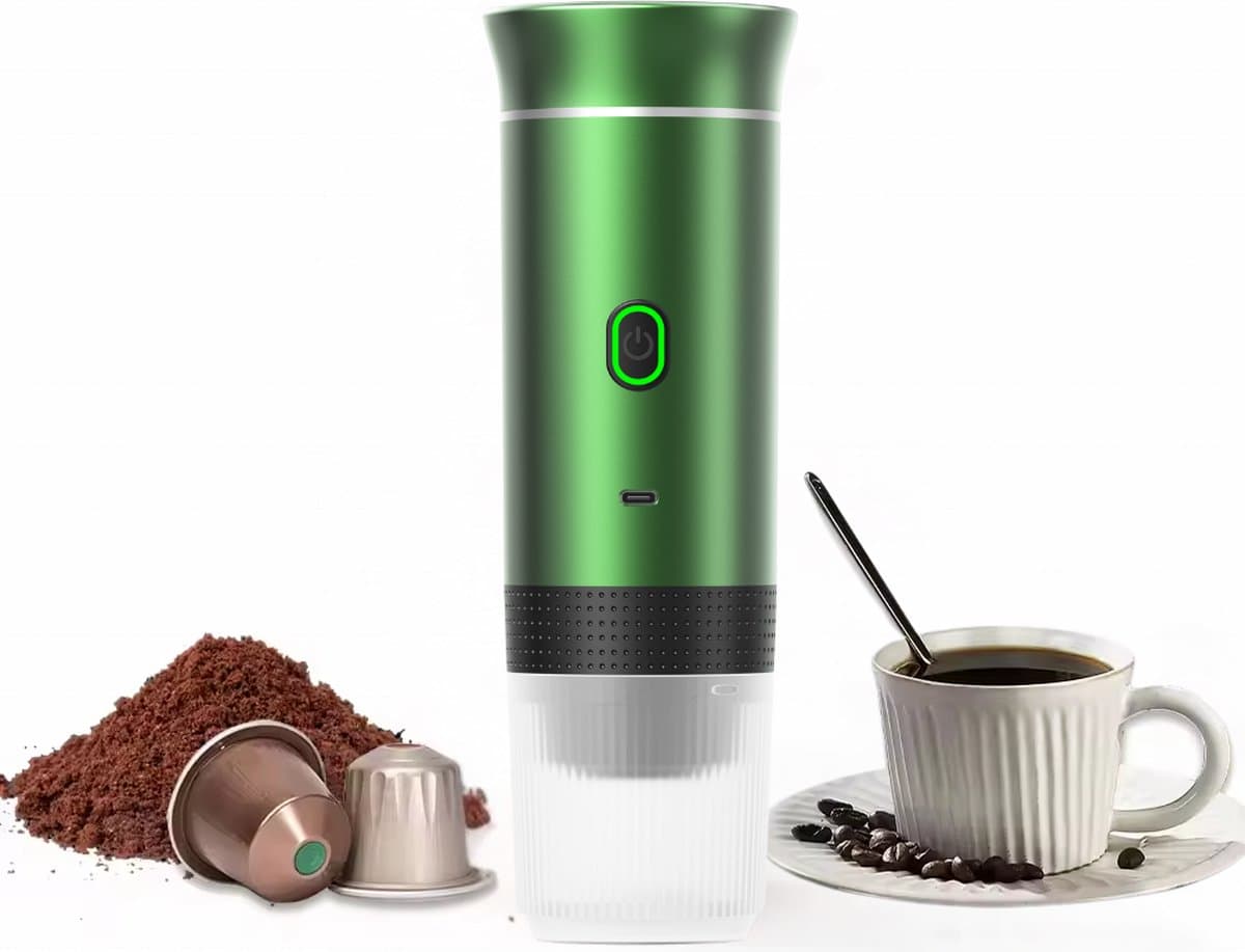 Draagbaar Koffiezetapparaat voor Onderweg - Draadloos voor in de Auto - 12 Volt - Espresso - Nespresso - Dolce Gusto - Capsule Koffie - Gemalen Koffie - Cups - Oplaadbaar - Groen — afbeelding 1