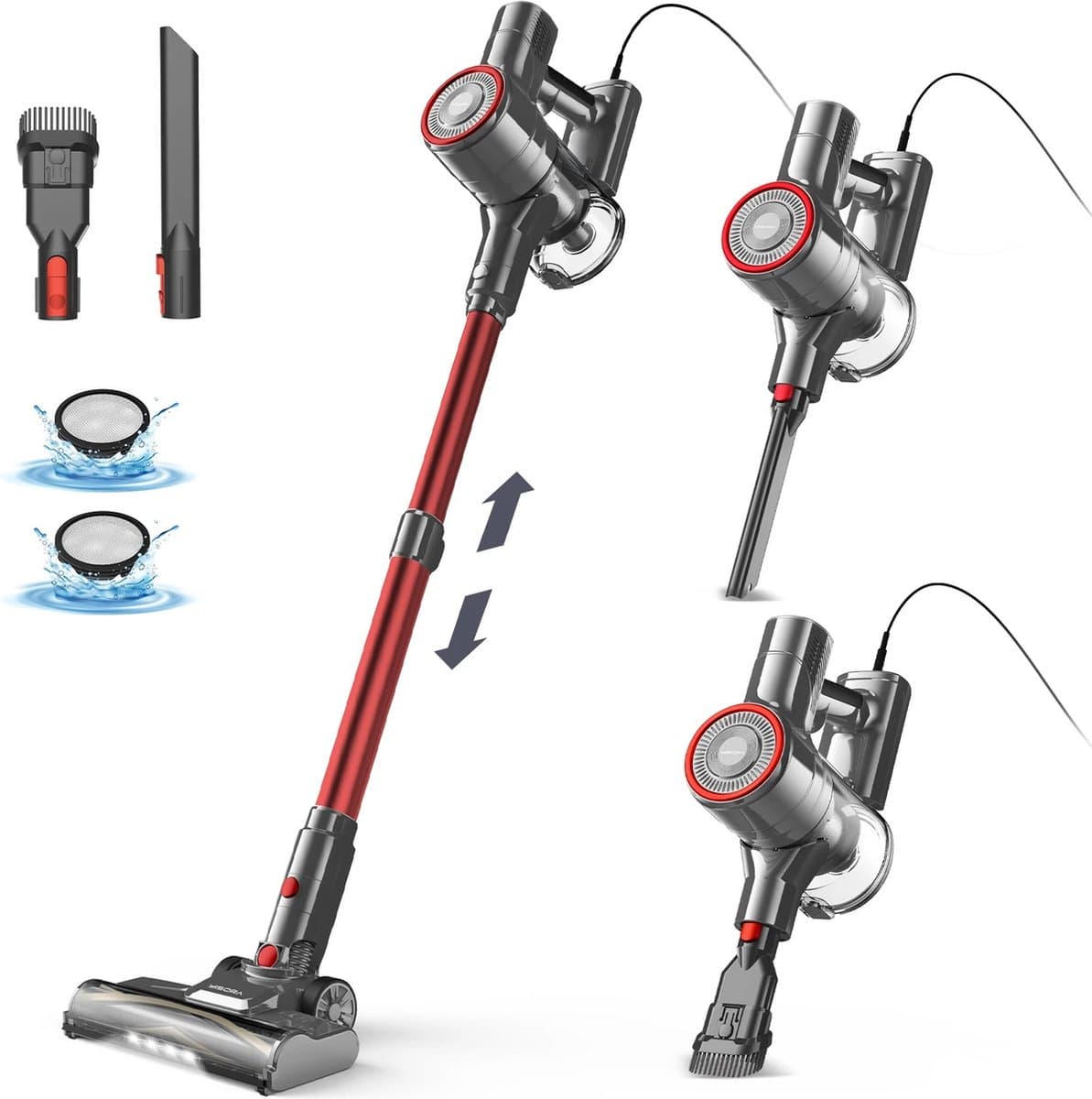 Yisora - Steelstofzuiger met snoer - Steelstofzuigers - 3 in 1 Stofzuiger zonder zak - Handstofzuiger met steel - 3 verschillende opzetstukken - 600W - Rood - 23Kpa- ultra licht — afbeelding 1