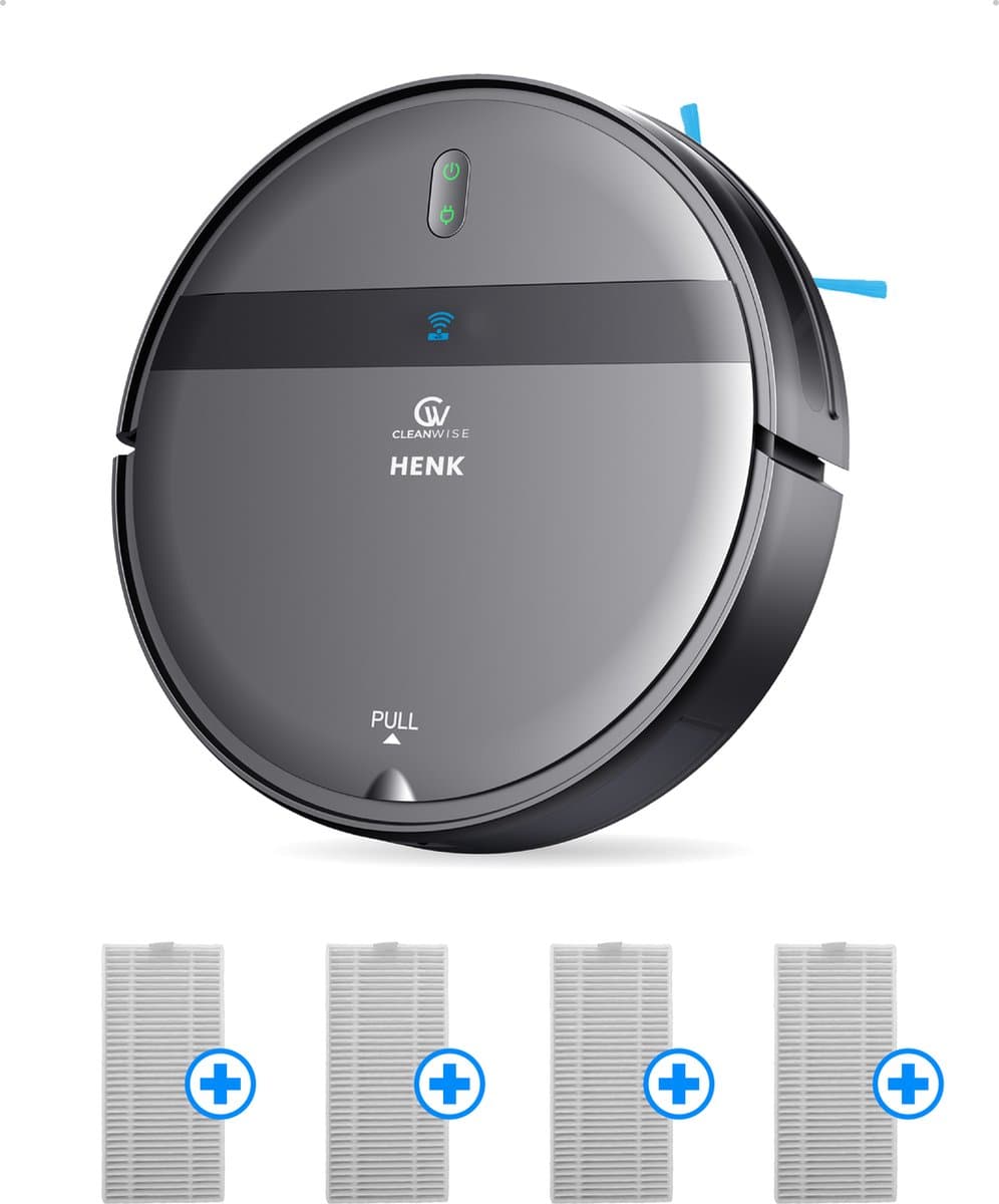 CleanWise Henk Robotstofzuiger + 4 filters – Nederlands Product – Voor Huisdieren – Met Dweilfunctie & Laadstation – Dweilrobot – 4500 Pa – HEPA 14 – Ultra dun 7,4 cm – App & Spraakbediening – Voor Huisdierharen, Harde Vloeren & Tapijt — afbeelding 1