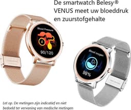 Belesy® VENUS - Smartwatch Dames - Horloge - 1.1 inch - Kleurenscherm - Stappenteller - Bloeddruk - Hartslag - Maak je eigen wijzerplaat – Goud – Leer - Roze - Moederdag — thumbnail 4