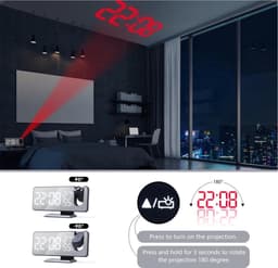 Projectiewekker met Spiegel & Wekkerradio – Groot LED-display, USB-laadfunctie, Dimbaar, Dubbel Alarm Wekker– Zwart — thumbnail 3