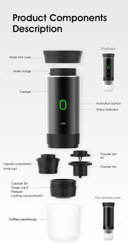 Draadloze, draagbare elektrische koffiemaker met USB-C-poort, zelfverwarmend, oplaadbaar, geschikt voor reizen, kamperen, campers, thuis, kantoor, enz. (Zwart) — thumbnail 3