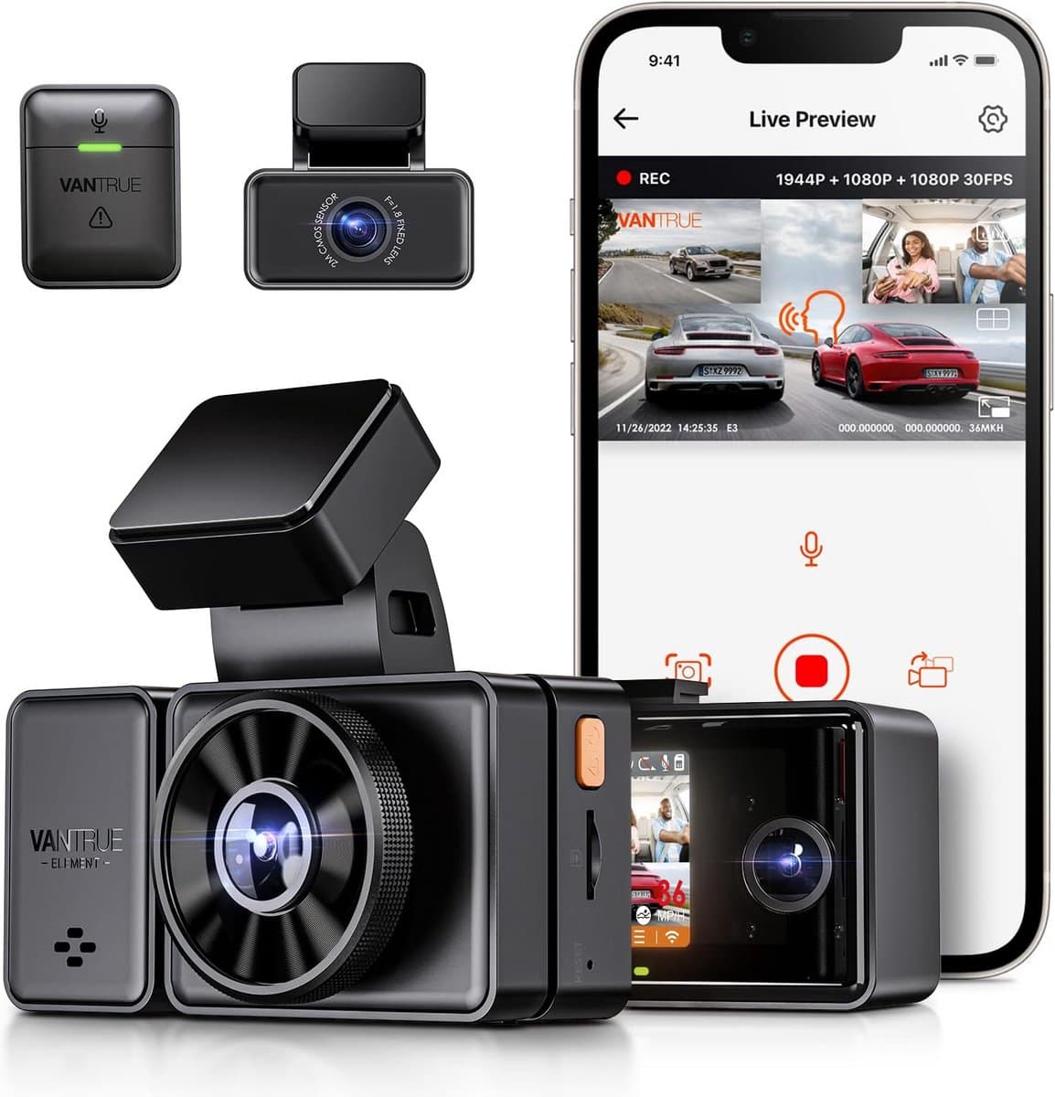 VANTRUE E3 3 Lens Dashcam 5GHz WiFi with Voice Control, 1944P + Dual 1080P Front Rear Car Camera with GPS, IR Night Vision, 24 Hours Parking Monitoring Car Camera Truck Car, Max 512G — afbeelding 1