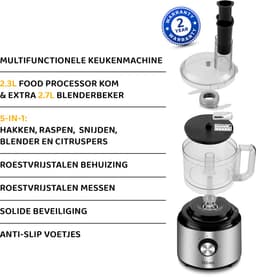 Linea Tegno Food Processor PRO-FP8001 - 5-in-1 RVS keukenmachine: blender, hakmolen, groentesnijder, citruspers en mixer in één. Voor groenten, fruit, noten, soepen, deegsoorten. 2,3L kom - Sinaasappels persen. 2,7L blender voor smoothies & shakes — thumbnail 2