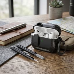 Zwart robuust hoesje voor oordopjes met carbon look geschikt voor AirPods Pro 2 inclusief schoonmaakset en karabijnhaak – schokbestendig en duurzaam — thumbnail 3