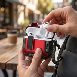 Rood robuust hoesje voor oordopjes met carbon look geschikt voor AirPods 4 inclusief schoonmaakset en karabijnhaak – schokbestendig en duurzaam — thumbnail 4