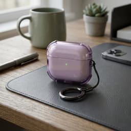 Paars transparant hoesje voor oordopjes met sleutelring – schokbestendige beschermhoes geschikt voor AirPods 4 — thumbnail 2