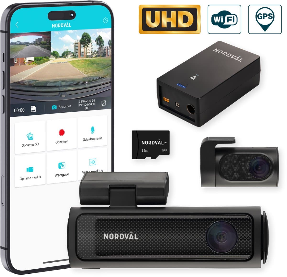 Nordväl DC202-2CH Dashcam – Incl. 64GB SD Kaart & BP125 Battery Pack – 4K Ultra HD voor en 2K QHD achter – Wifi – GPS – Parkeermodus – Dashcam voor auto – Auto Camera — afbeelding 1
