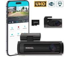 Nordväl DC202-2CH Dashcam – Incl. 64GB SD Kaart – 4K Ultra HD voor en 2K QHD achter – Wifi – GPS – Parkeermodus – Dashcam voor auto – Auto Camera
