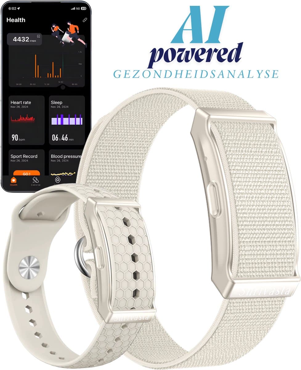 Shrivasta Activity Tracker Plus | armband met AI-Gezondheidsanalyse & Lichaamstemperatuur meting | Dames & Heren | Zilver | Hartslag | SpO₂ | Slaapmonitor | Stress | Menstruatiecyclus | Inclusief 2 Armbanden (siliconen & Nylon) – Waterdicht — afbeelding 1