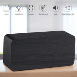 QTTVBTNA -Digitale wekker, houten design, elektronisch led-display, tijd- en datumweergave, temperatuur- en vochtigheidsmeting, 3 alarminstellingen, 3 helderheidsniveaus, geschikt voor thuis, slaapkamer, kantoor en op reis - zwart — thumbnail 3