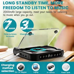 CD Speler - Draagbare Bluetooth - cd-speler - Ondersteunt MP3/WMA - met USB-C- snelladen – Ultradun en compact - formaten – Geschikt voor zowel reizen als thuisgebruik – Zwart — thumbnail 3