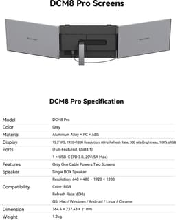 Blackview DCM8 Pro 15,3" dubbele draagbare Laptopmonitor FHD - Ultradun 4,6mm & Lichtgewicht 1,2kg - 100% sRGB-USB-C aansluiting via één kabel – inclusief kabels en beschermhoes-Blauwlichtfilter- Luidsprekers - Grijs — thumbnail 2