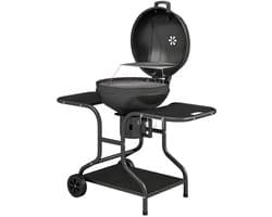 Premie Houtskool Barbecue - Houtskoolgrill met Rookfunctie - Grillrooster - Grilloppervlak Ø54 cm - met Bijzettafels, Deksel, Thermometer en Wielen - BBQ voor Kamperen, Buiten, Tuin - 129 x 63,5 x 106,5 cm - Zwart