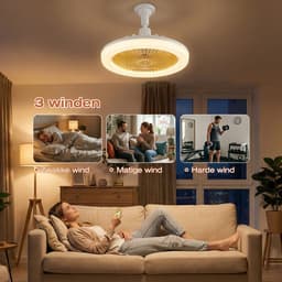 MUPOO Plafond ventilator met LED verlichting E27 Fitting met 360° Draaibaar - APP & Afstandsbediening -Eenvoudige Installatie -Snel te Installeren - 3 Snelheden & Dimbaar - Mini lamp ventilator plafond Voor Slaapkamer & Keuken -Geel — thumbnail 5