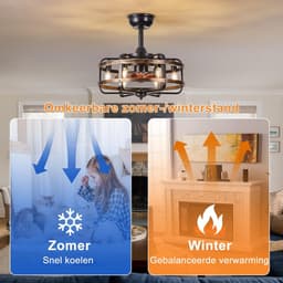 Plafondventilator met Verlichting - Industriële Retro - Zwarte Metalen Kooi - Stille 3 Snelheden - Reversibel Plafondventilator - Met Afstandsbediening - Vervangbaar 6x E14 - Lamp voor Woonkamer — thumbnail 3