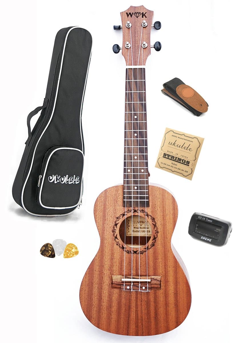 WK Concert 23 inch Ukelele-unieke Hoge kwaliteit toonnauwkeurigheid -hout met gouden textuur-Natuur gemaakt sapele hout- Hoge hardheid en zeer duurzaam -Inclusief accessoires- Professionele studie-met tas-Ukelele Gitaar — afbeelding 1