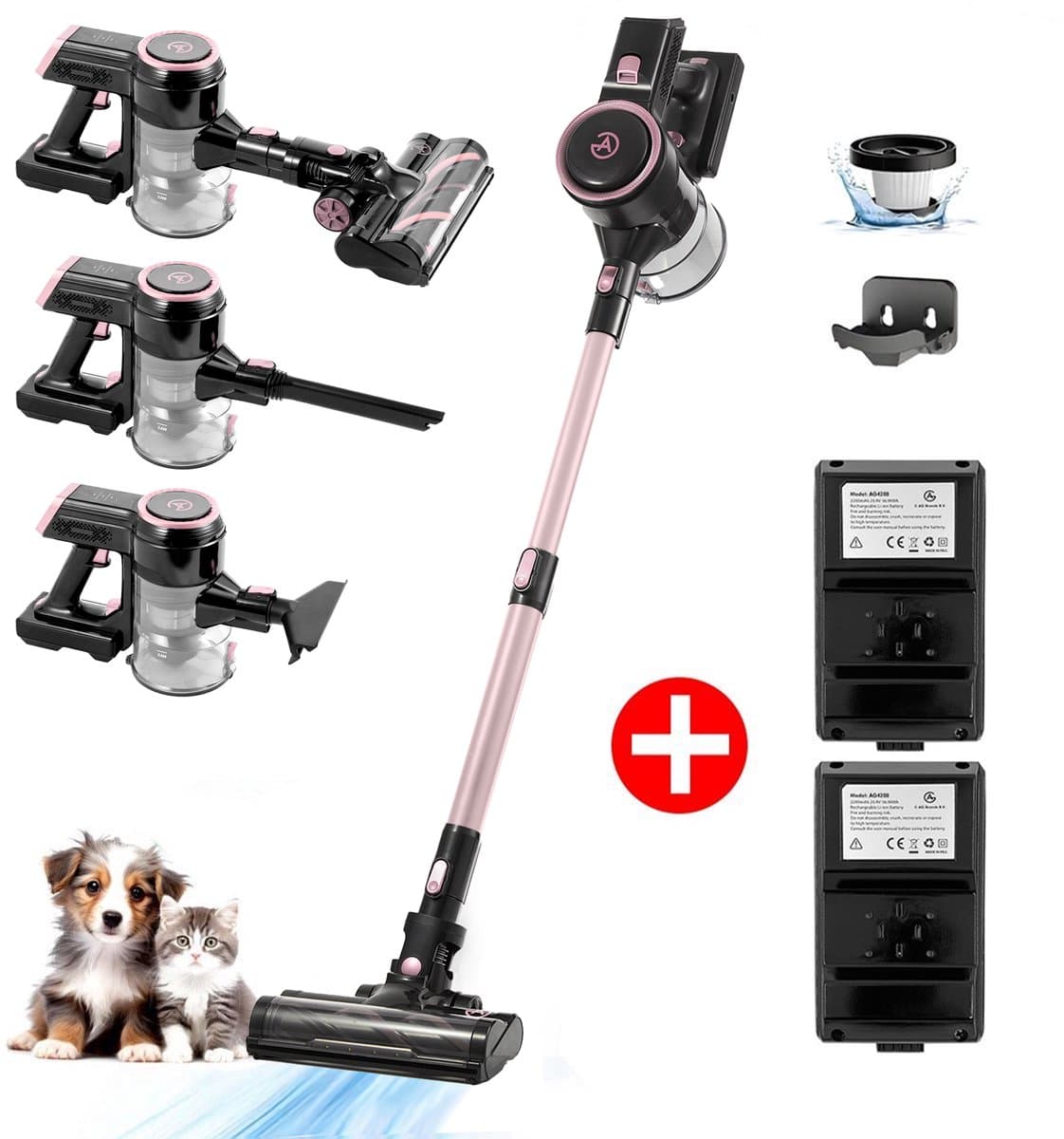 AG4200 Steelstofzuiger Draadloos – 2 Accu’s – 90 Min Stofzuigen – Krachtige Stofzuiger Zonder Zak – Geschikt voor Dierenharen – 2-in-1 Kruimeldief – Compact & Lichtgewicht – Rose Gold — afbeelding 1