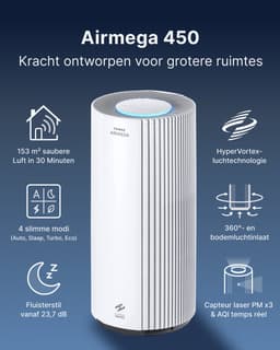 Coway Luchtreiniger – AIRMEGA 450 – met HEPA filter – Air Purifier – CADR 734 m³/u – voor grote ruimtes (tot 153 m²) – AQI-display (PM1/PM2.5/PM10) – energiebesparende modus – Wit — thumbnail 2