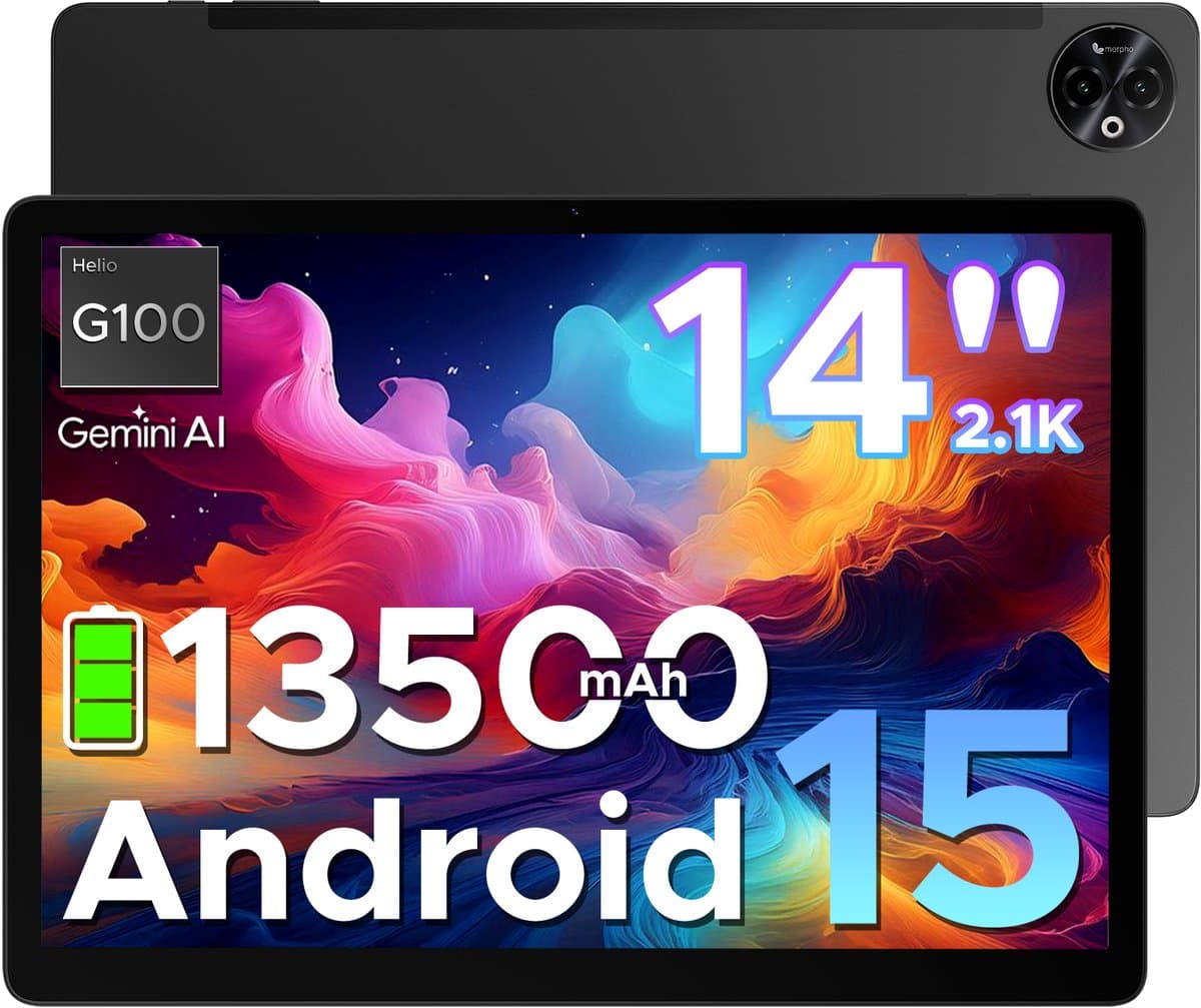 DOOGEE Tab E3 Max - Tablet - 32GB ROM+256GB ROM(2TB TF)- Android 15 - 14 inth IPS - 4G LTE - Gemini AI - Helio G100 - 13500mAh/18W - Quad Speakers - Face ID - 5G Wi-Fi - A GPS - GPS - Zwart — afbeelding 1