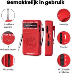 TRANSNECT® - Draagbare Noodradio - Rood - AM/FM - Op Batterijen - Koptelefoonaansluiting - Draagbare Radio - Wereldradio - Noodpakket Must Have - Zakradio - Voor Rampen - Kleine - Transistor Radio - Telescopische Antenne — thumbnail 2