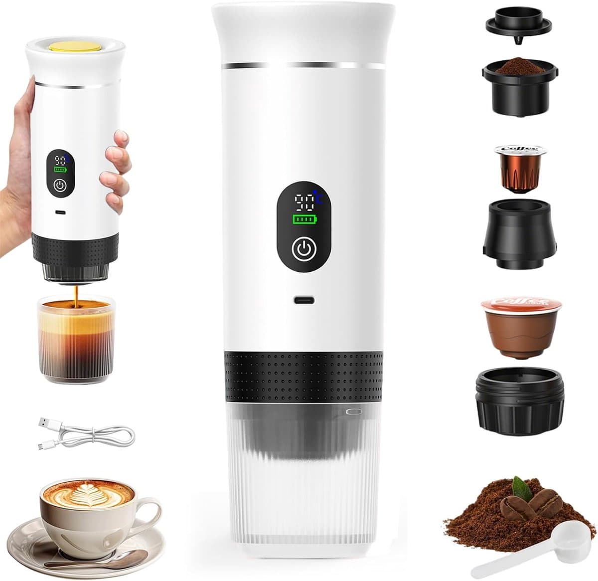 Draagbaar Koffiezetapparaat - Mini Espresso Machine - Koffie Maken Onderweg - 3-in-1 Functionaliteit - 90 ml Capaciteit - Wit — afbeelding 1