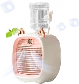 Fan-aircooler-Bureauventilator-Mini Luchtkoeler met Mist en Nachtlampje – Draagbare 3-in-1 Tafelventilator met Luchtkoeling, Luchtbevochtiger en LED-lamp – 3 Snelheden – USB Oplaadbaar – Geweldig voor Kantoor, Slaapkamer en Zomer – roze — thumbnail 1
