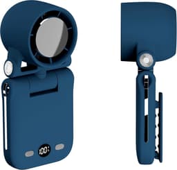 Mini draagbare, handzame, oplaadbare handventilator met LED-display, werkt op hoge snelheid, turbo en batterijen, 100 snelheden, kleine ventilator voor op reis/buiten/concerten/wimpers/make-up (update blauw) — thumbnail 1